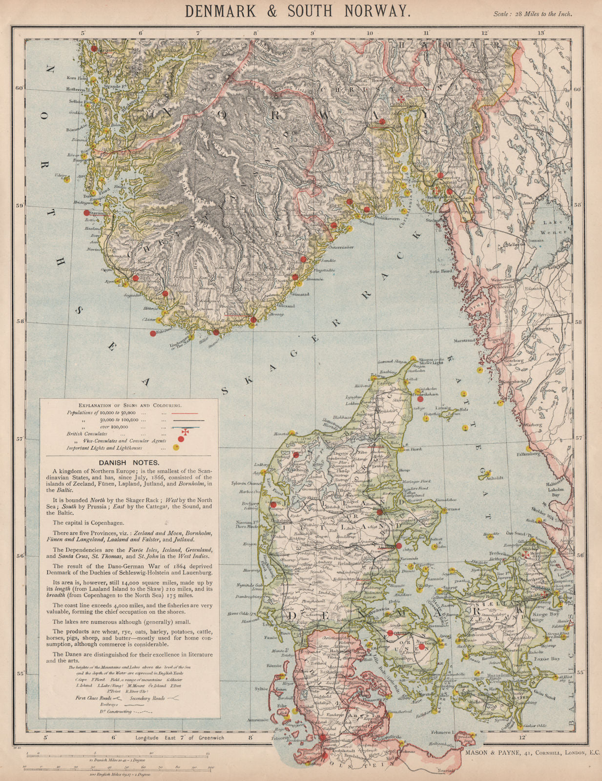 SCANDINAVIA. Denmark & Southern Norway. Lighthouses Railways. LETTS 1889 map
